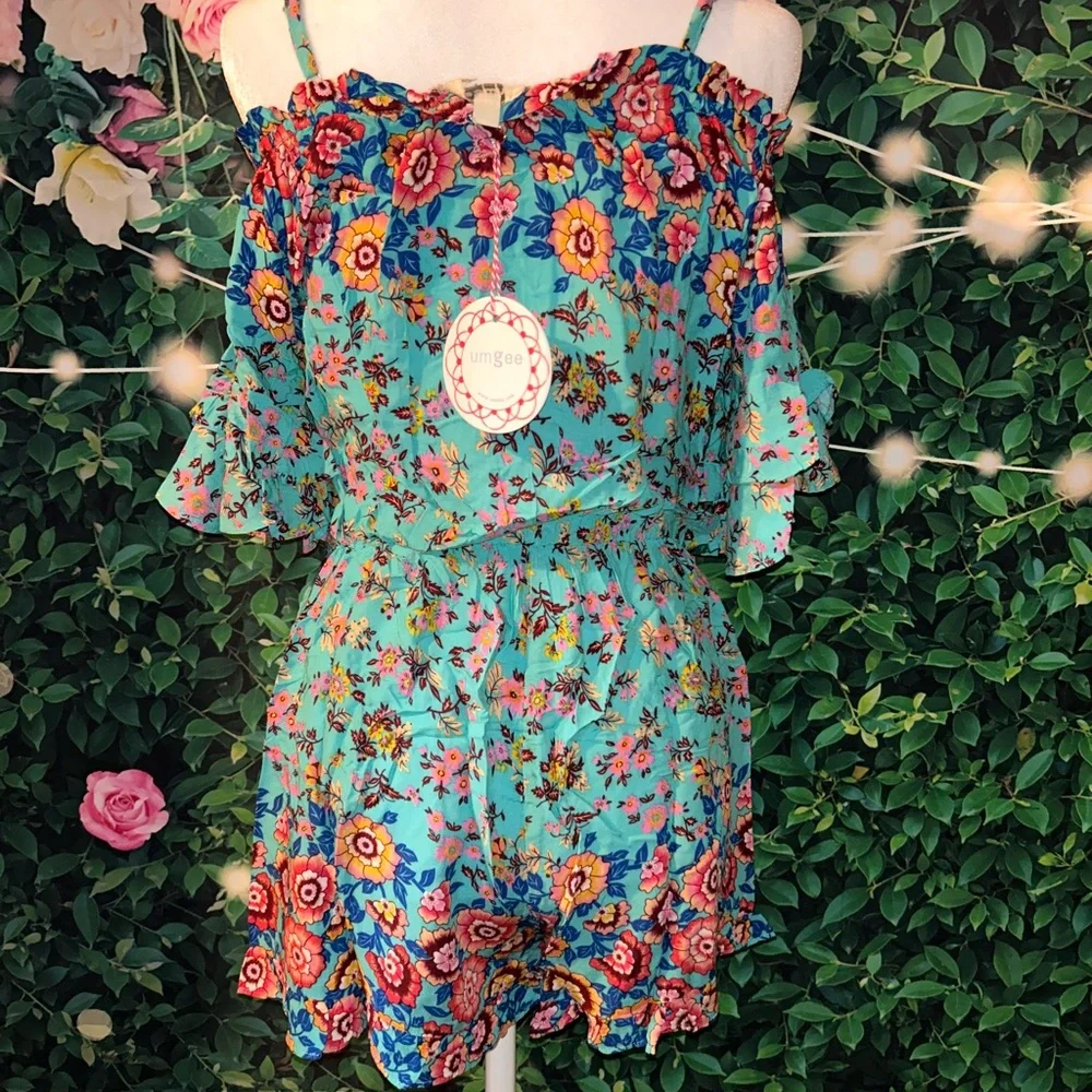 Floral Off-Shoulder Romper in Turquoise - Picture 2 of 3